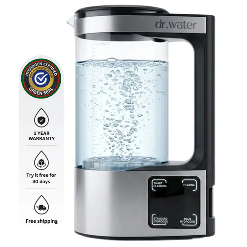 Front-facing studio shot of the silver and black DR.WATER HydroPitcher with bright blue bubbling hydrogen water inside on a clean white background, dr.water wordmark on top, with a Premium Choice Green Bag gold seal top-left and stacked badges along the left margin reading 1 Year Warranty, Try it free for 30 days, and Free shipping with small icons. Hero product card with burned-in trust badges, intended for white or light email backgrounds.