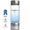 Dr.Water HydroGlass 3000ppb hydrogen water bottle hero shot — clear glass body with stainless cap and base, bubbling blue water inside and dr.water wordmark on the silver base. Badges down the left read MOST POPULAR, 1 YEAR WARRANTY, Try it free for 30 days, and Free shipping.