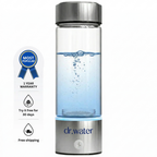 Dr.Water HydroGlass 3000ppb hydrogen water bottle hero shot — clear glass body with stainless cap and base, bubbling blue water inside and dr.water wordmark on the silver base. Badges down the left read MOST POPULAR, 1 YEAR WARRANTY, Try it free for 30 days, and Free shipping.