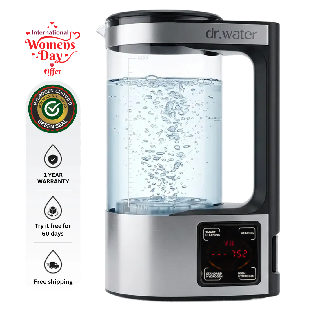Front-facing studio shot of the silver and black DR.WATER HydroPitcher with bright blue bubbling hydrogen water inside on a clean white background, dr.water wordmark on top, with a red International Women's Day Offer seal top-left, a Premium Choice Green Bag gold seal beneath, and left-margin labels reading 1 Year Warranty, Try it free for 60 days, and Free shipping with icons. Holiday hero card with burned-in promo seal and trust badges, for white or light email backgrounds.