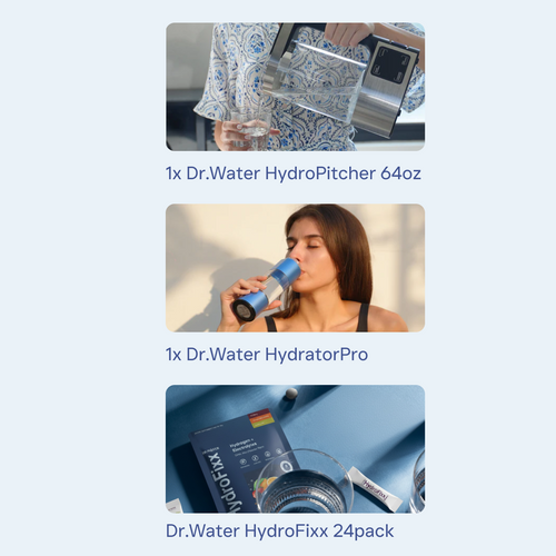 Vertical what's-in-the-bundle layout for the Dr.Water Performance Max Bundle: 1x Dr.Water HydroPitcher 64oz, 1x Dr.Water HydratorPro hydrogen bottle, and Dr.Water HydroFixx 24-pack electrolyte drink mix, each shown in a circular lifestyle thumbnail.