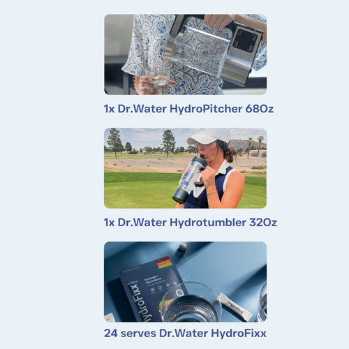 What's-in-the-bundle panel showing three stacked tiles — a hand holding the Dr.Water HydroPitcher, a female golfer drinking from a black HydroTumbler, and the HydroFixx carton beside the bottle — captioned 1x Dr.Water HydroPitcher 68Oz, 1x Dr.Water Hydrotumbler 32Oz, and 24 serves Dr.Water HydroFixx.