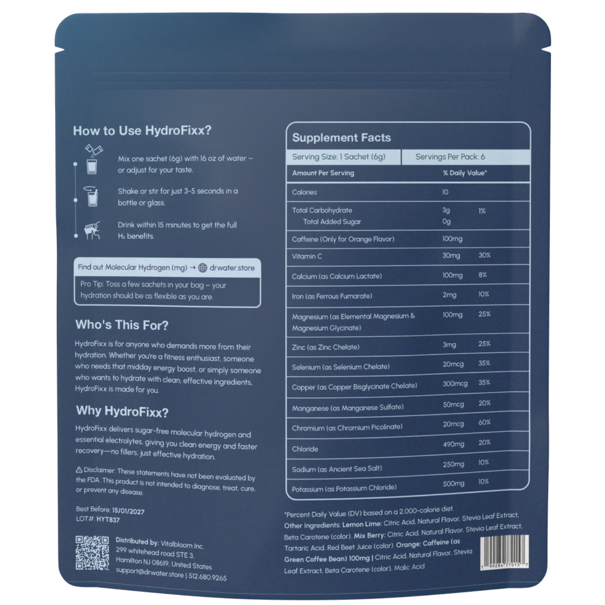Reverse of the navy Dr.Water HydroFixx multi-flavor pouch on a dark navy background showing How to Use HydroFixx steps, Who's This For and Why HydroFixx copy, full Supplement Facts table including caffeine row, FDA disclaimer, Vitabloom distributor address, lot HYT837, QR code and barcode.