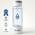 Dr.Water HydroDaily 13oz hydrogen wellness bottle hero shot on white with white cap and base, clear body and dr.water teal droplet logo, with badges down the left for MOST POPULAR, 1 YEAR WARRANTY, Try it free for 30 days, and Free shipping.