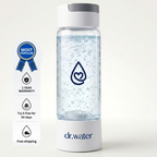 Dr.Water HydroDaily 13oz hydrogen wellness bottle hero shot on white with white cap and base, clear body and dr.water teal droplet logo, with badges down the left for MOST POPULAR, 1 YEAR WARRANTY, Try it free for 30 days, and Free shipping.