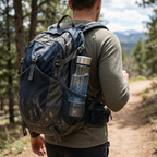 Male hiker on a forest trail wearing a navy backpack with the Dr.Water HydroGlass bottle stowed in the side mesh pocket, distant mountains visible through the trees.