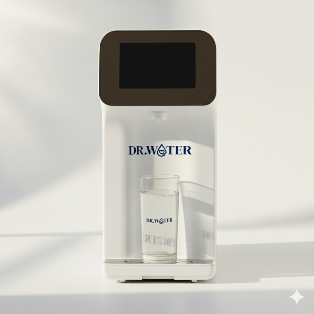 Front-on studio render of the white Dr.Water HydroBase countertop purifier with dark touch-display top, DR.WATER wordmark on the body, and a clear water glass resting on the drip tray against a clean white background.