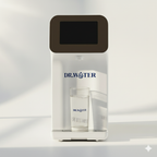 Front-on studio render of the white Dr.Water HydroBase countertop purifier with dark touch-display top, DR.WATER wordmark on the body, and a clear water glass resting on the drip tray against a clean white background.
