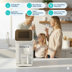 Dr.Water HydroBase countertop purifier on a kitchen counter with a family smiling and drinking water in the background; six feature pills across the top read 5-Stage RO Filtration, Borosilicate Glass Carafe, No Installation Required, Essential Mineral Infusion, 1000+ Contaminants Removal, and Real-Time TDS Monitoring.