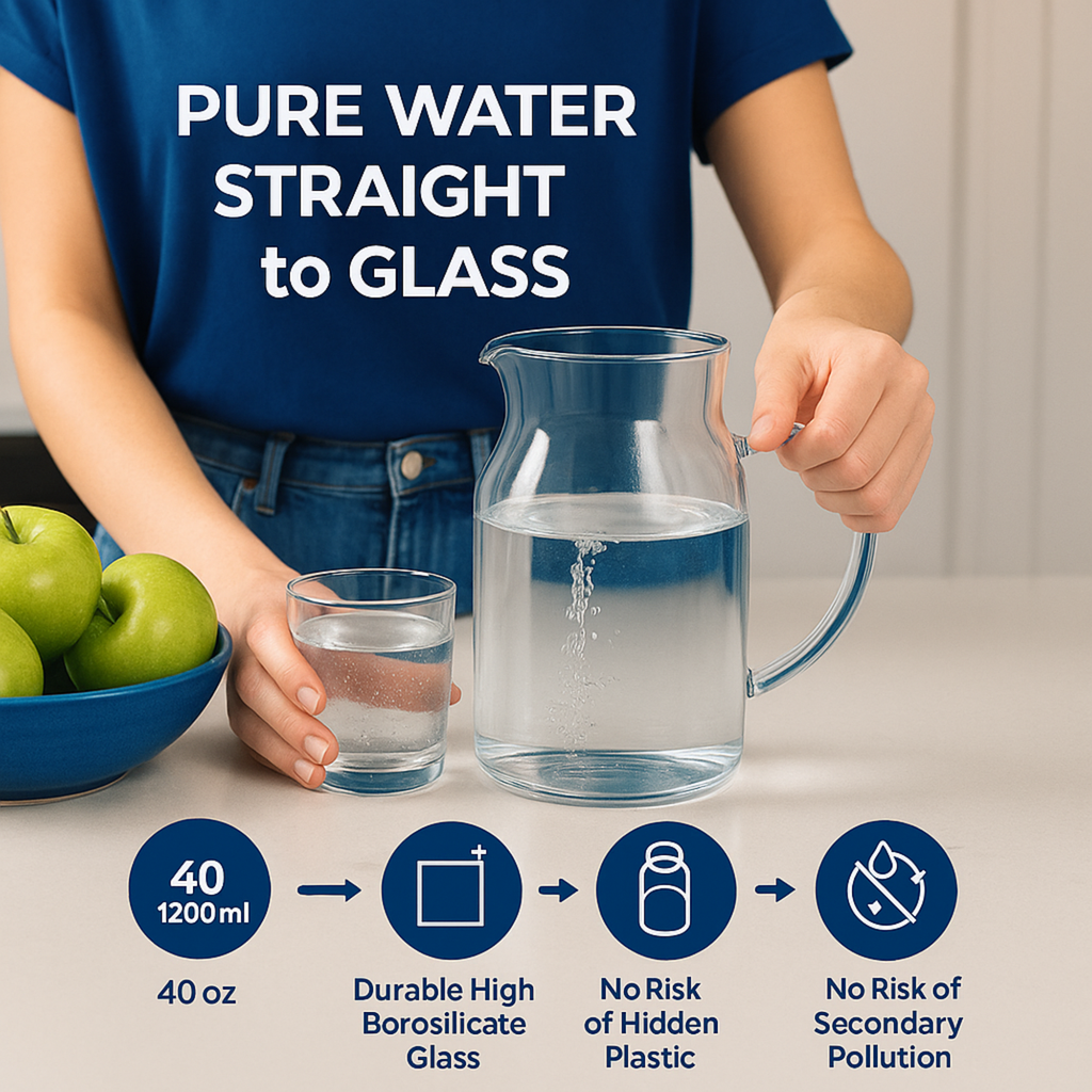 Person in a blue T-shirt holding a clear borosilicate glass carafe of water beside a small glass and a bowl of green apples, with the headline PURE WATER STRAIGHT to GLASS and four icon badges showing 40 oz / 1200 ml capacity, Durable High Borosilicate Glass, No Risk of Hidden Plastic, and No Risk of Secondary Pollution.