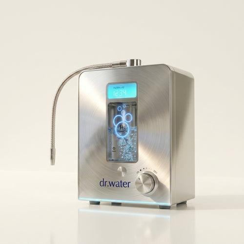 Dr.Water hydrogen water machine, a brushed stainless steel countertop unit with a flexible gooseneck spout, a blue Filter Life display reading 1234 and a lit hydrogen generation chamber showing H2 bubbles, with a control knob and the dr.water logo.