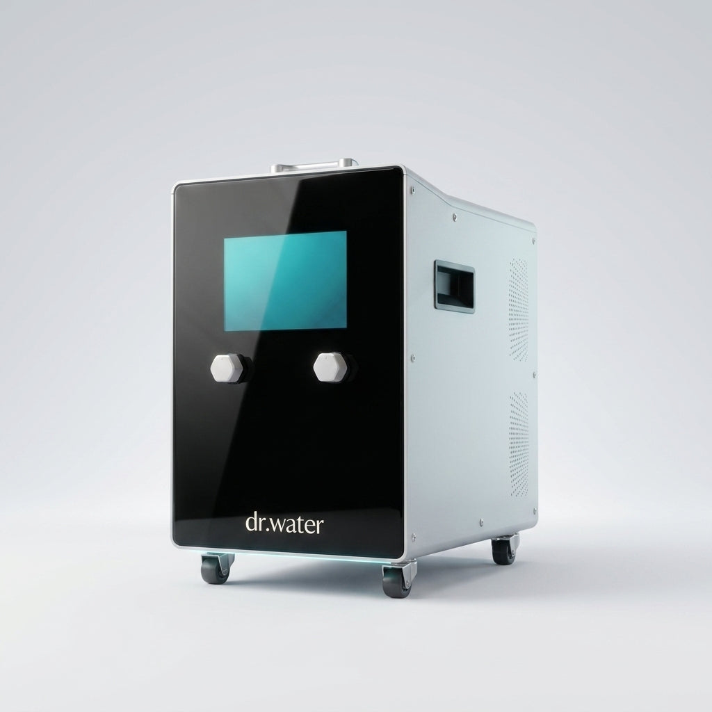 Dr.Water hydrogen bath water machine, a wheeled unit with a glossy black glass front, a teal touchscreen and dual control knobs in a vented white housing, branded dr.water, on a studio background.
