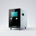 Dr.Water hydrogen bath water machine, a wheeled unit with a glossy black glass front, a teal touchscreen and dual control knobs in a vented white housing, branded dr.water, on a studio background.