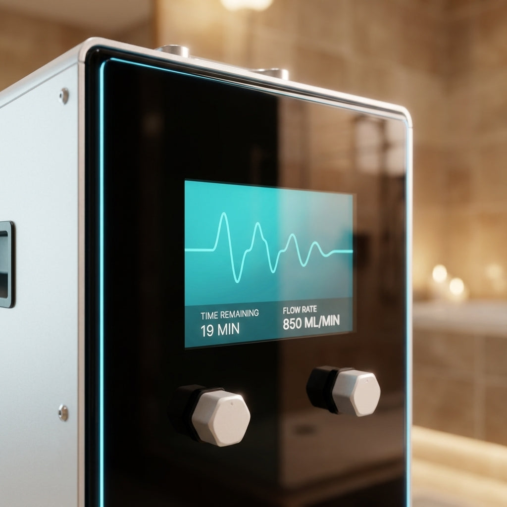 Close-up of the Dr.Water hydrogen bath machine's teal touchscreen showing a waveform with 'Time Remaining 19 min' and 'Flow Rate 850 ml/min', flanked by two hexagonal control knobs.