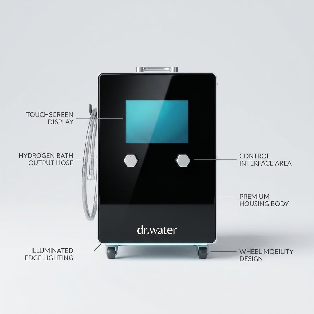 Labeled diagram of the Dr.Water hydrogen bath machine identifying the touchscreen display, hydrogen bath output hose, control interface area, premium housing body, illuminated edge lighting and wheel mobility design.
