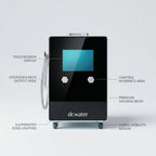 Labeled diagram of the Dr.Water hydrogen bath machine identifying the touchscreen display, hydrogen bath output hose, control interface area, premium housing body, illuminated edge lighting and wheel mobility design.