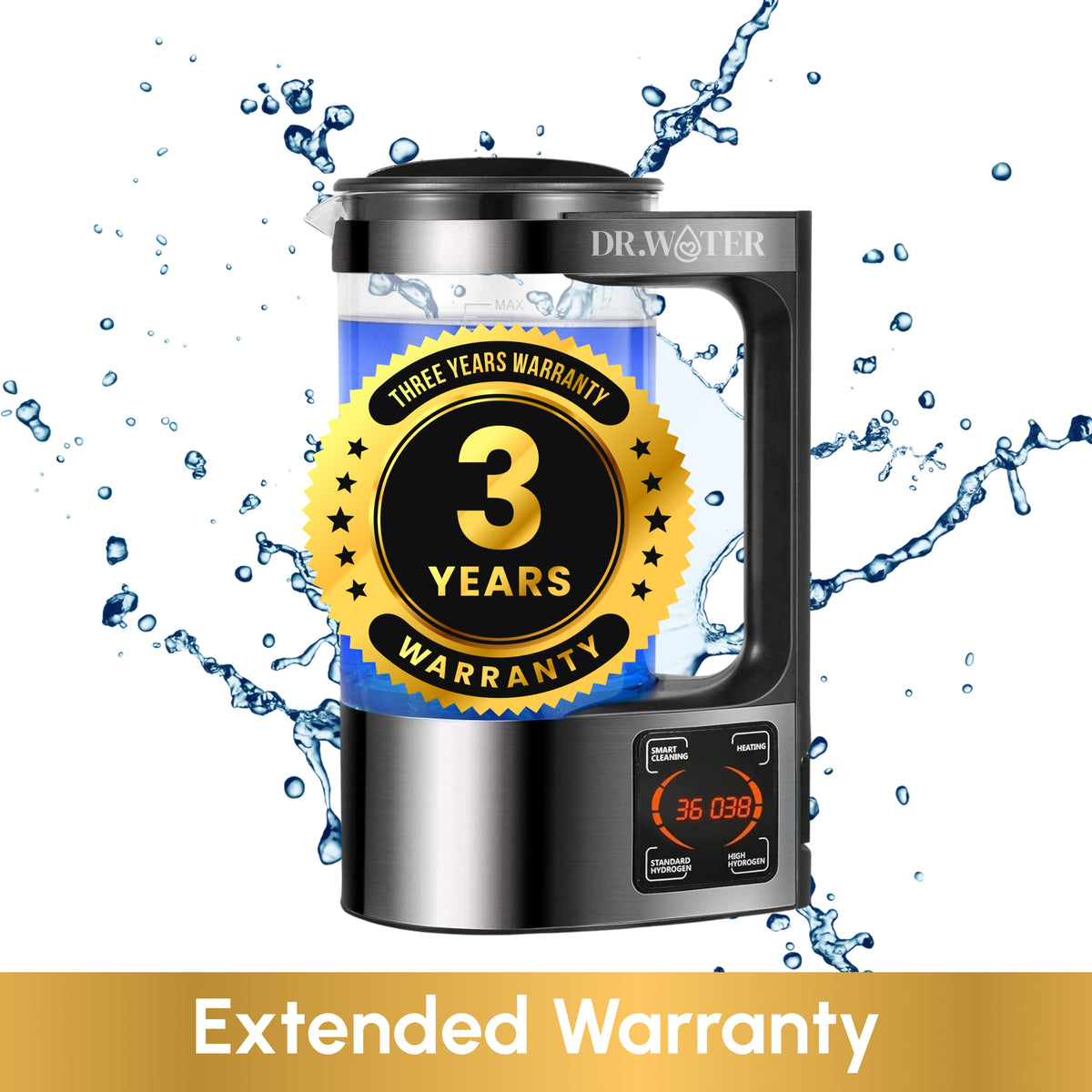 Dr.Water HydroPitcher hydrogen water appliance in stainless steel and glass with a blue-tinted reservoir and a digital control panel, shown against a water splash with a gold 'Three Years Warranty' seal and an 'Extended Warranty' banner, representing the 3-year extended warranty for the HydroPitcher.