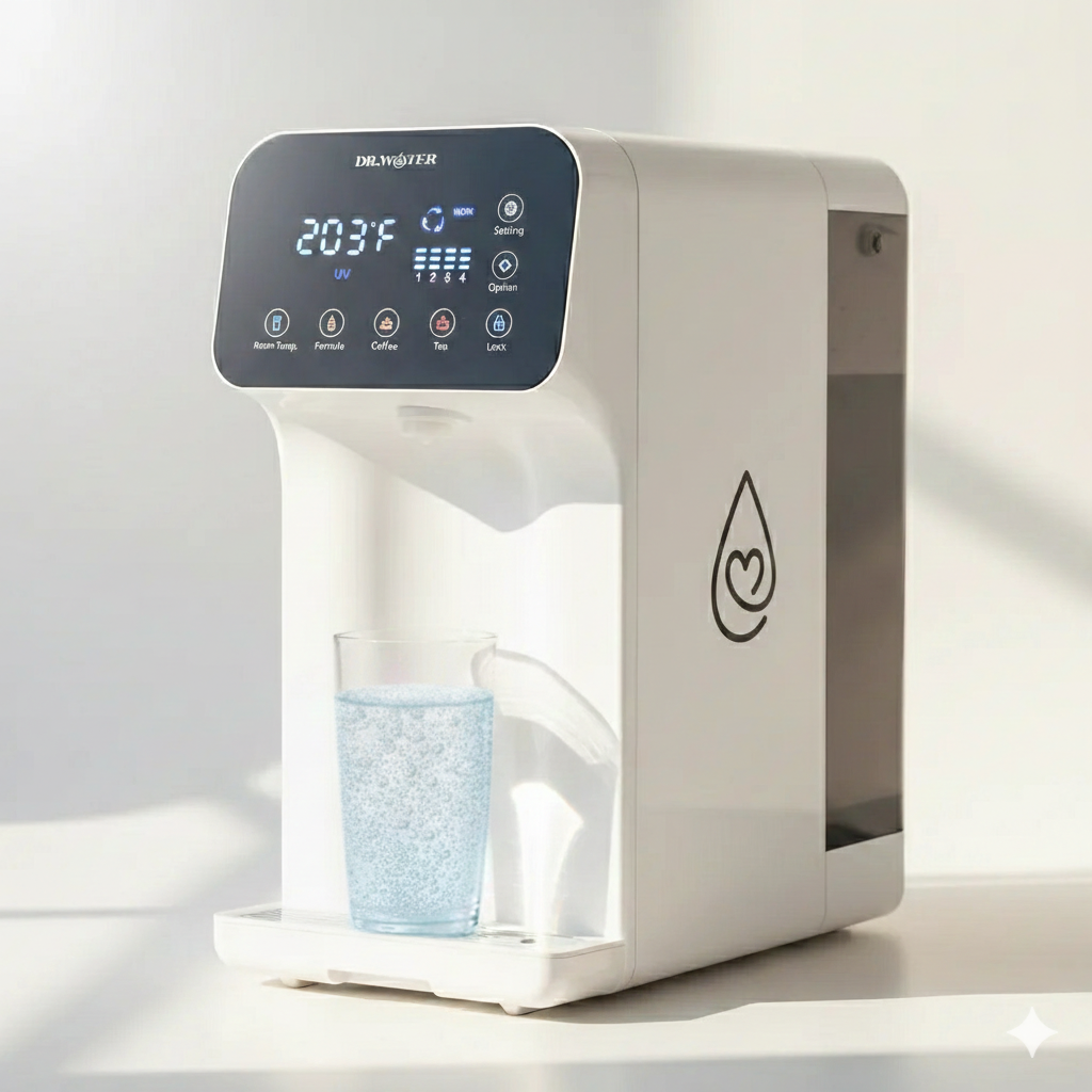 Dr.Water HydroBase 6-stage countertop water purifier in white with on-screen reading of 203 degrees Fahrenheit, a glass of water on its drip tray, and the Dr.Water droplet icon on the side panel, shown on a sunlit countertop.