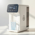 Dr.Water HydroBase 6-stage countertop water purifier in white with on-screen reading of 203 degrees Fahrenheit, a glass of water on its drip tray, and the Dr.Water droplet icon on the side panel, shown on a sunlit countertop.