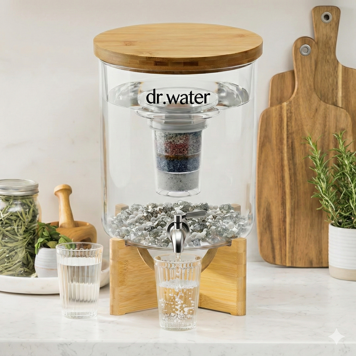 Dr.Water TruGlass dispenser on a pale marble counter pouring a stream of water into a tall clear glass below the spigot, with a jar of dried herbs, wooden mortar and pestle, acacia cutting boards and potted rosemary framing the scene.
