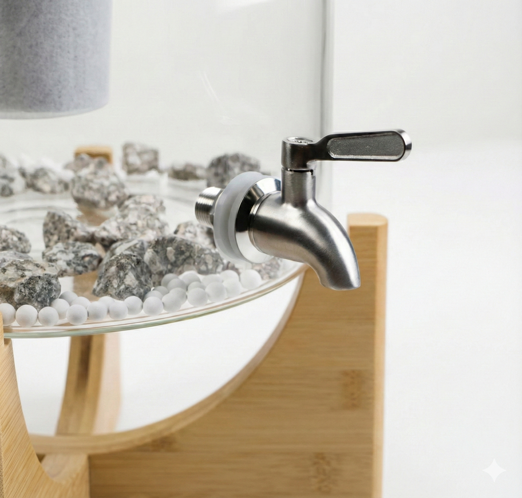 Dr.Water TruGlass macro close-up of the stainless steel spigot lever sitting on a glass tray filled with grey mineral rocks and small white ceramic balls, mounted on a bamboo cross-stand against a soft white studio background.