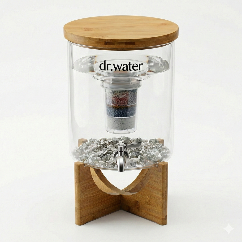 Dr.Water TruGlass countertop water filter hero shot on white: a clear glass cylindrical jar with bamboo lid on a crossed bamboo stand, a multi-stage cartridge with red, blue and grey mineral layers hanging inside, and a stainless steel spigot in a bed of grey mineral stones at the base.
