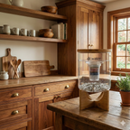 Dr.Water TruGlass dispenser on a rustic wooden table in a warm walnut kitchen with open shelving, ceramic mugs, wooden cutting boards, a potted herb and a sunlit window behind, dr.water wordmark on the inner cartridge.