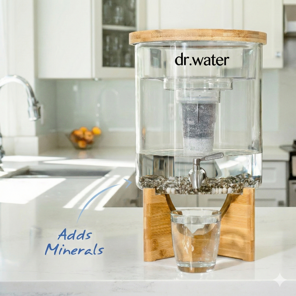 Dr.Water TruGlass square countertop dispenser on a white marble kitchen counter beside a chrome faucet and fruit bowl, dispensing into a shot glass, with a navy handwritten Adds Minerals callout pointing to the mineral bed.
