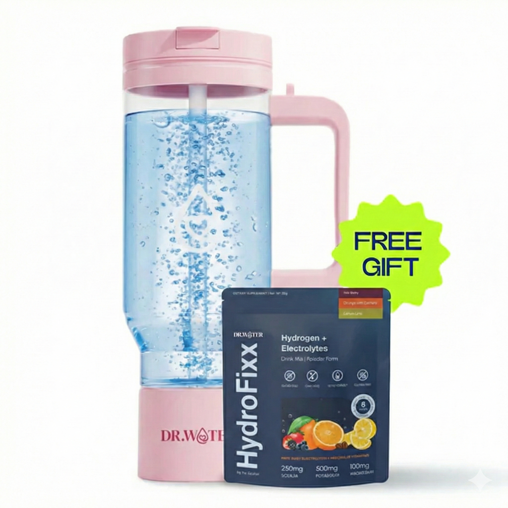 Soft-pink HydroTumbler 32oz on white, the clear chamber filled with rising hydrogen bubbles and DR.WATER wordmark on the pink base, paired with a HydroFixx Hydrogen + Electrolytes pouch (citrus and berry art, 250mg sodium, 500mg potassium, 100mg magnesium) and a green starburst FREE GIFT badge.