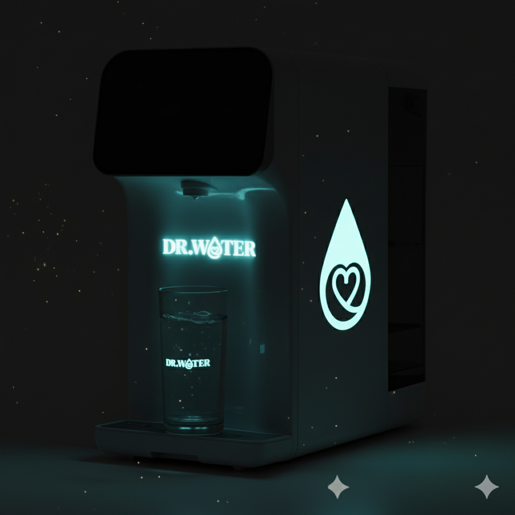 Dr.Water HydroBase purifier glowing cyan in a dark night setting, with the illuminated DR.WATER wordmark and droplet icon visible against a starry black background.