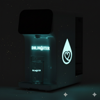 Dr.Water HydroBase purifier glowing cyan in a dark night setting, with the illuminated DR.WATER wordmark and droplet icon visible against a starry black background.