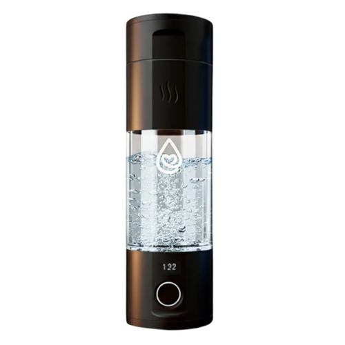 Clean white-background studio hero of the BLACK colorway Dr.Water Hydrator Pro 5140 PPB hydrogen water bottle, upright with internal H2 bubbles in the clear chamber and the digital readout illuminated at the base. Single bottle centered with no overlays, showcasing the matte black cap, embossed steam motif, and the dr.water droplet emblem on the inner electrolysis module.