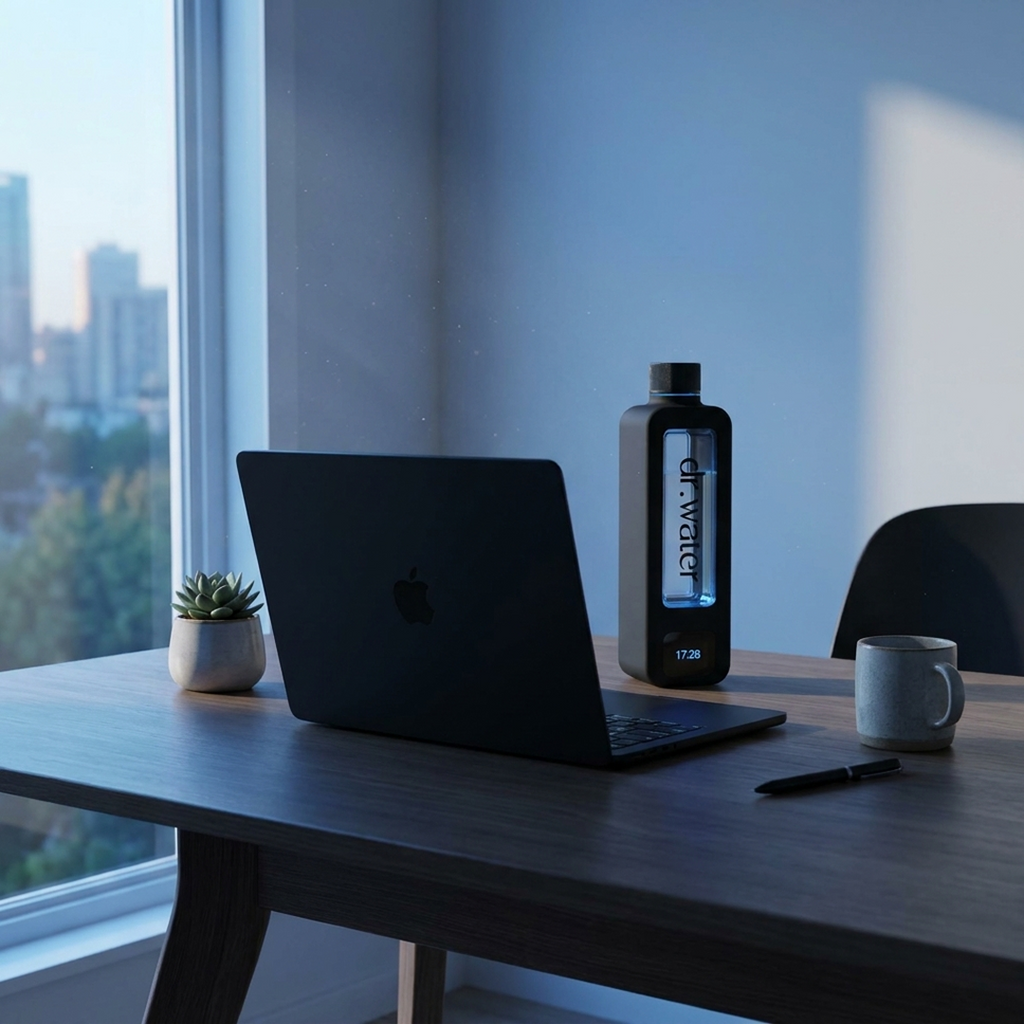 The Hydrator Max standing on a wooden desk beside a closed laptop, a small plant and a mug, with daylight from a window behind.