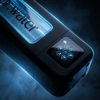 Angled macro of the Dr.Water Hydrator Max hydrogen bottle held diagonally against a smoky black background with blue ambient glow, featuring a glowing blue water window with bubbles and a bright touchscreen display showing seven control icons including sun, light, brightness, power, eye, and signal symbols; hero crop emphasising the touchscreen feature with only the dr.water bottle label visible.