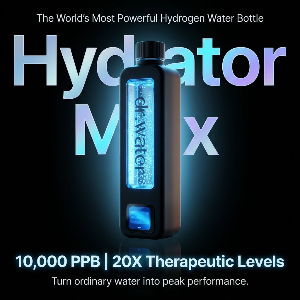 Vertical hero of a single Dr.Water Hydrator Max hydrogen bottle centred on a deep black background with a radial glow, a bright blue glowing water column inside, and holographic chrome typography reading Hydrator Max wrapping behind it, alongside burned-in marketing copy: The World's Most Powerful Hydrogen Water Bottle, 10,000 PPB 20X Therapeutic Levels, and Turn ordinary water into peak performance.