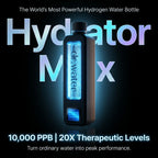 Vertical hero of a single Dr.Water Hydrator Max hydrogen bottle centred on a deep black background with a radial glow, a bright blue glowing water column inside, and holographic chrome typography reading Hydrator Max wrapping behind it, alongside burned-in marketing copy: The World's Most Powerful Hydrogen Water Bottle, 10,000 PPB 20X Therapeutic Levels, and Turn ordinary water into peak performance.