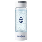 Dr.Water HydroDaily 13oz hydrogen wellness bottle hero shot on white in the white-cap colorway with white base, clear body, internal hydrogen bubbles and the dr.water teal droplet logo above the DR.WATER wordmark.