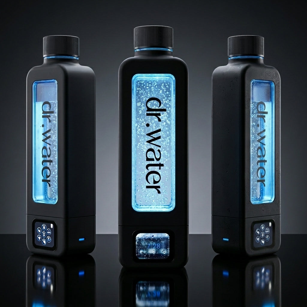 Hero marketing trio of three black rectangular Dr.Water Hydrator Max hydrogen water bottles in a row on a glossy reflective surface against a dark charcoal gradient studio backdrop; the centre bottle has a brightly glowing blue water window while the flanking bottles show subdued lighting variants, with the dr.water wordmark on each bottle window and small touchscreen icons on the base.