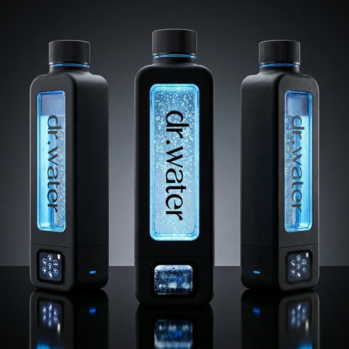 Hero marketing trio of three black rectangular Dr.Water Hydrator Max hydrogen water bottles in a row on a glossy reflective surface against a dark charcoal gradient studio backdrop; the centre bottle has a brightly glowing blue water window while the flanking bottles show subdued lighting variants, with the dr.water wordmark on each bottle window and small touchscreen icons on the base.