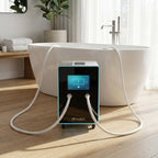 The Dr.Water hydrogen bath machine on the floor beside a white freestanding tub, two hoses running into the bath, in a bright wood-floored bathroom with towels and plants.