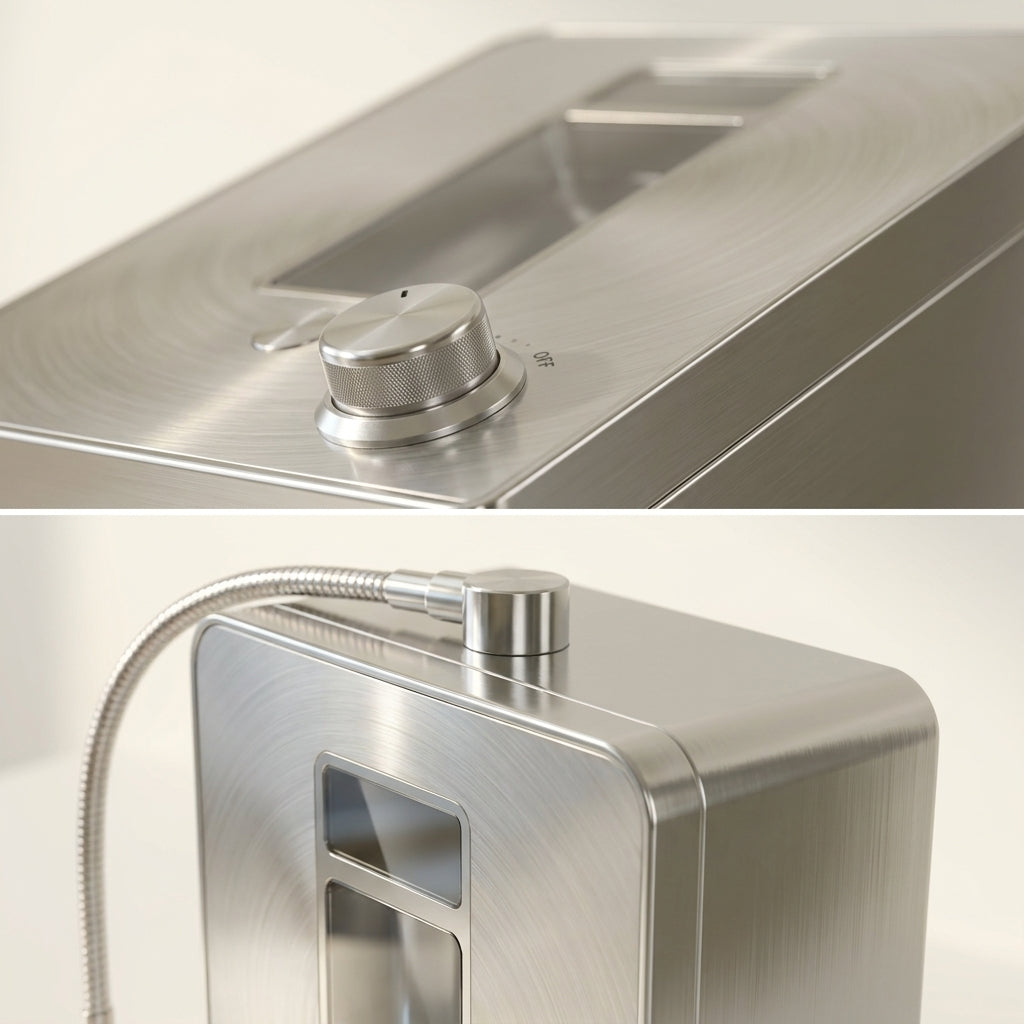 Close-up details of the Dr.Water hydrogen water machine: the brushed-steel top with its on/off control knob and the gooseneck outlet beside the viewing window.