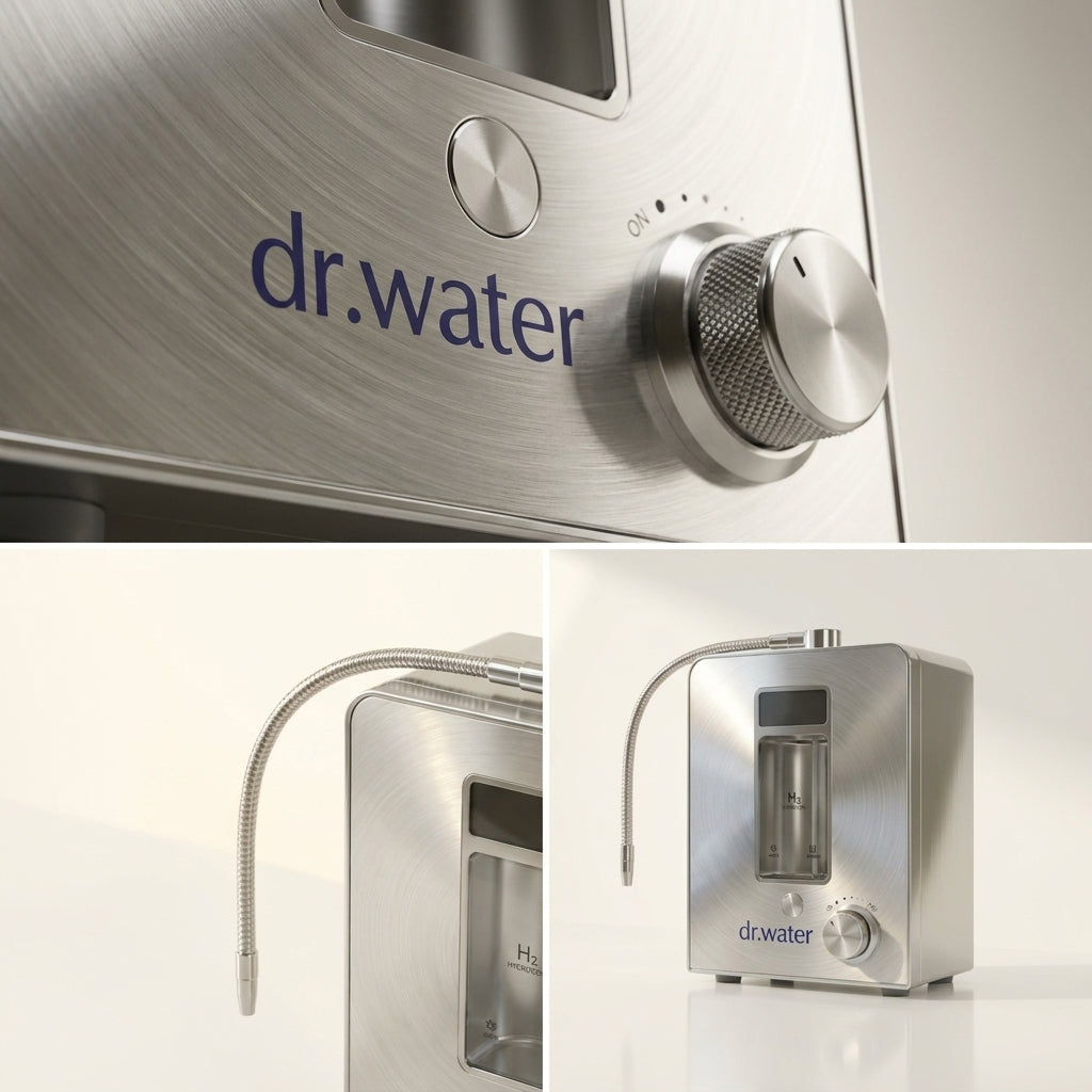 Detail collage of the Dr.Water hydrogen water machine: close-up of the dr.water logo and knurled control knob, the flexible gooseneck dispensing spout, and the full stainless steel unit.
