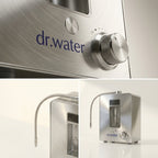 Detail collage of the Dr.Water hydrogen water machine: close-up of the dr.water logo and knurled control knob, the flexible gooseneck dispensing spout, and the full stainless steel unit.