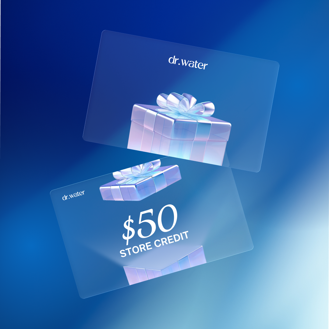 Dr.Water Digital Gift Card $50 store credit design: two translucent iridescent glass cards on a deep blue gradient background, top card with a shimmering gift box and bow, bottom card showing the dr.water wordmark and $50 STORE CREDIT.