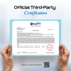 Two hands hold an Official Third-Party Certification document from H2 Analytics validating the Dr.Water HydroGlass 3000ppb hydrogen water bottle. A QR code on the certificate links to the full lab report.