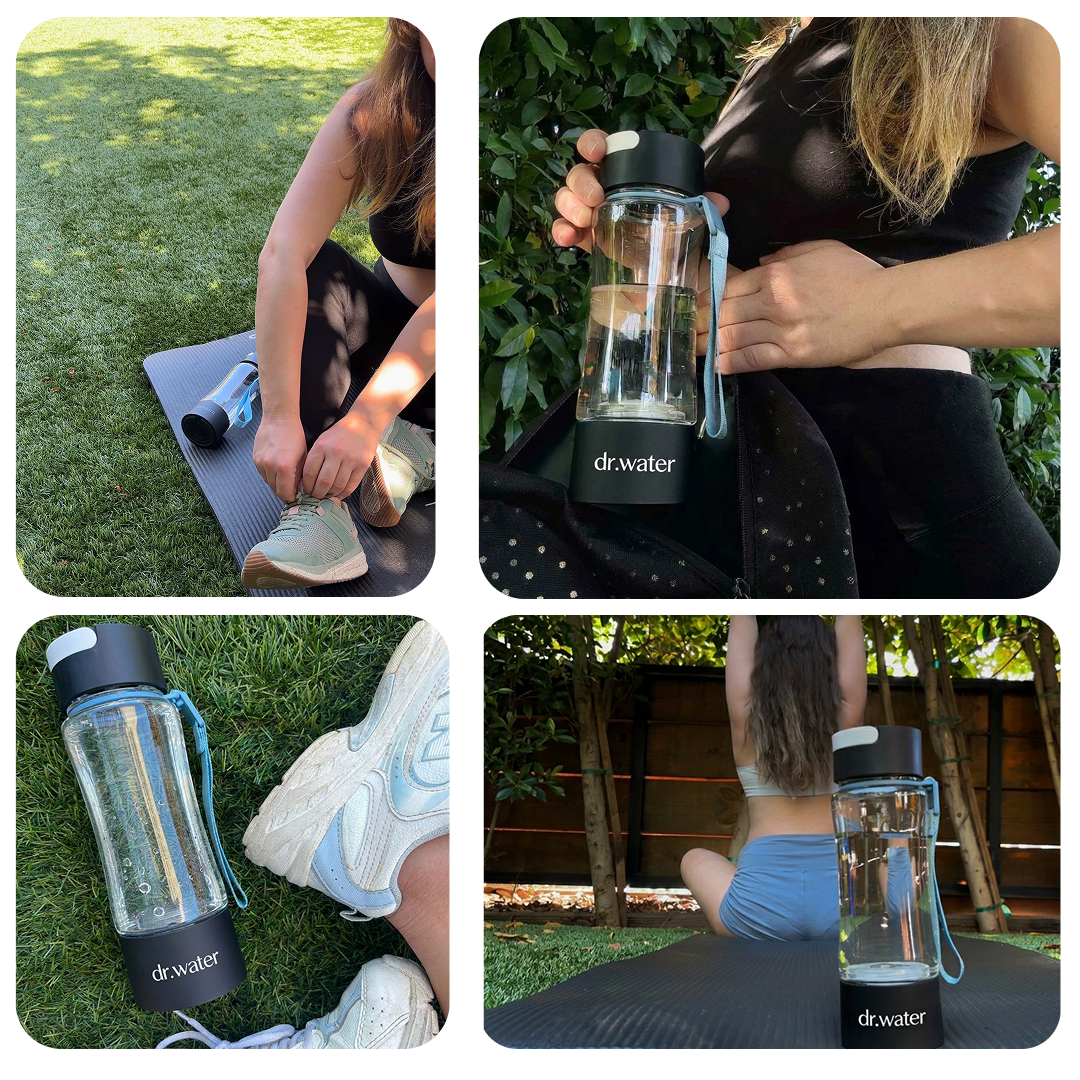 Four-tile UGC collage of the black Dr.Water HydroDaily 13oz bottle outdoors: woman tying running shoes on a yoga mat with the bottle on grass, woman in black sports bra holding the bottle, the bottle on grass next to white sneakers, and a woman seated on a yoga mat with the bottle.
