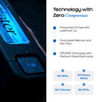 Half product macro on the left showing a closeup of the Hydrator Max bottle's blue water window and touchscreen on a dark background, paired with a white spec card on the right titled Technology with Zero Compromise, listing Pressurised H2 Seal with LeakProof Lid, Food-grade Makrolon and Non Toxic, SPE/PEM Technology with Platinum Plated Electrolysis, and badges reading NO BPAs, NO Heavy Metal, NO Chlorine, and NO PFAs.