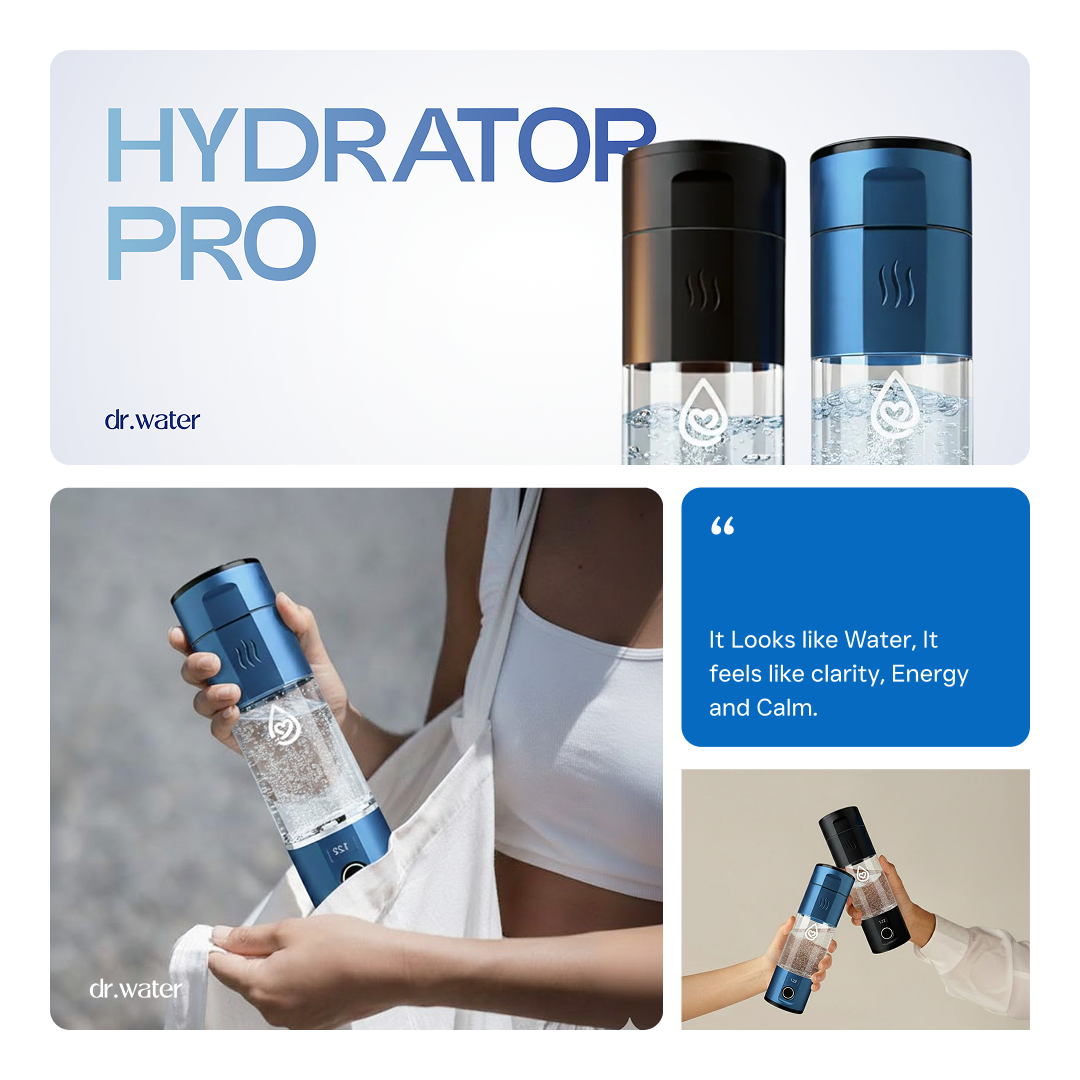 Two-by-two collage combining white-background brand panels and lifestyle photography for the Dr.Water Hydrator Pro hydrogen water bottle. The top half shows the HYDRATOR PRO wordmark beside two product renders, and the bottom half pairs a lifestyle photo of a woman in white holding the bottle with a quote card reading It looks like water, it feels like clarity, energy and calm, alongside the dr.water wordmark.