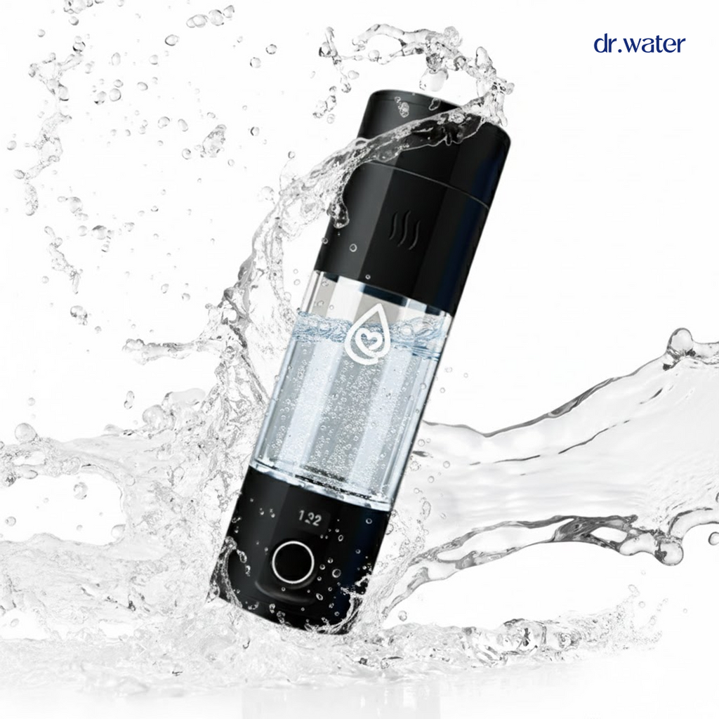 Dynamic action shot of the BLACK Dr.Water Hydrator Pro hydrogen water bottle angled diagonally amid a dramatic clear water splash on a soft light-blue background, conveying freshness and on-the-go hydration. The dr.water wordmark sits in the top-left corner; bursts and droplets crown around the bottle while the digital readout glows at the base.