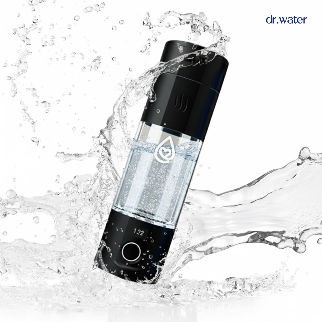 Dynamic action shot of the BLACK Dr.Water Hydrator Pro hydrogen water bottle angled diagonally amid a dramatic clear water splash on a soft light-blue background, conveying freshness and on-the-go hydration. The dr.water wordmark sits in the top-left corner; bursts and droplets crown around the bottle while the digital readout glows at the base.